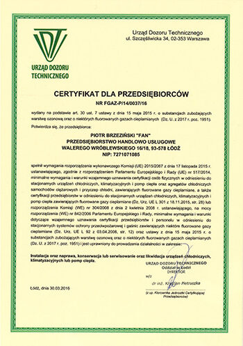certyfikat F-GAZ